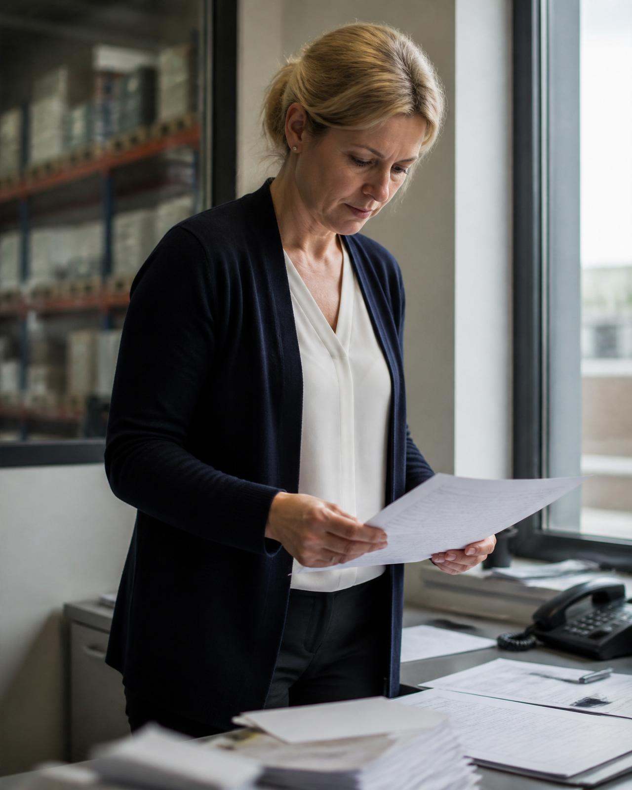 An operations manager standing at a desk, reading through printed delivery paperwork beside a warehouse